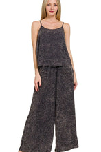 Load image into Gallery viewer, Women's acid washed camp 2-piece outfit with crinkle woven cami top and matching pants on model- front view - Valerie Collection Zenana set