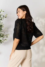 Load image into Gallery viewer, Women's ribbed knit half sleeve top with round neckline with sheer style. Features a see-through design with solid rectangular fabric detailing. Allows visibility of bralette. On model back view - Valerie Collection Mandy top