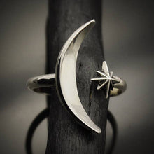 Load image into Gallery viewer, Take the drama of the night sky wherever you go when you wear this adjustable moon and star ring. A graceful ring is ultra-feminine and sleek. A comfortable design that's a true delight to wear! Sterling Silver ring for women. Sterling Silver Jewelry. The Valerie Collection - Lucky birds Boutique