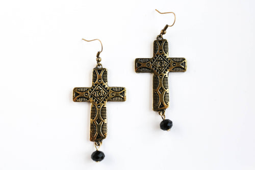 Tribal design burnished gold cross with black crystal dangle earrings. Unique cross earrings. Christian Earrings. Western Style Jewelry for Women. The Jolene Collection - Lucky Birds Boutique
