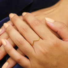 Load image into Gallery viewer, Handmade Chevron Stacking Ring on model - 24K Gold plated V ring over sterling silver. Beautiful on it's own, or, stack multiples for an even more interesting look! Boho Rings. Spiritual jewelry. Simple chevron ring. silver chevron ring. 24k gold plated chevron ring. Stacking Rings. The Gypsy Collection - Lucky Birds Boutique