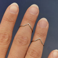 Load image into Gallery viewer, Handmade Chevron Stacking Rings - Sterling Silver Chevron ring on model. Beautiful on it's own, or, stack multiples for an even more interesting look! Boho Rings. Spiritual jewelry. Simple chevron ring. silver chevron ring. 24k gold plated chevron ring. Stacking Rings. The Gypsy Collection - Lucky Birds Boutique