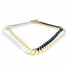 Load image into Gallery viewer, half n' half curb chain necklaces. White and gold necklace & Black and gold necklace. Up-close toggle closure. Lucky Birds Boutique. The Valerie Collection.