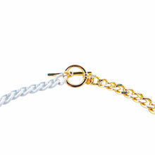 Load image into Gallery viewer, Half n' half curb chain necklaces. Unique White and gold necklace. Toggle Closure close-up. Lucky Birds Boutique. The Valerie Collection.