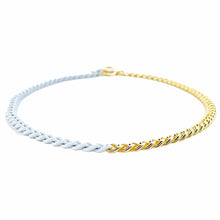 Load image into Gallery viewer, Half n' half curb chain necklaces. Unique White and gold necklace. Toggle Closure close-up. Lucky Birds Boutique. The Valerie Collection.