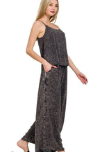 Load image into Gallery viewer, Women&#39;s acid washed camp 2-piece outfit with crinkle woven cami top and matching pants on model- side view - Valerie Collection Zenana set
