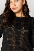 Load image into Gallery viewer, Women&#39;s ribbed knit half sleeve top with round neckline with sheer style. Features a see-through design with solid rectangular fabric detailing. Allows visibility of bralette. On model close up; front view - Valerie Collection Mandy top
