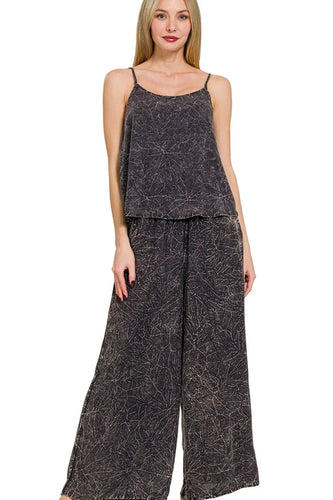 Women's acid washed camp 2-piece outfit with crinkle woven cami top and matching pants on model- front view - Valerie Collection Zenana set
