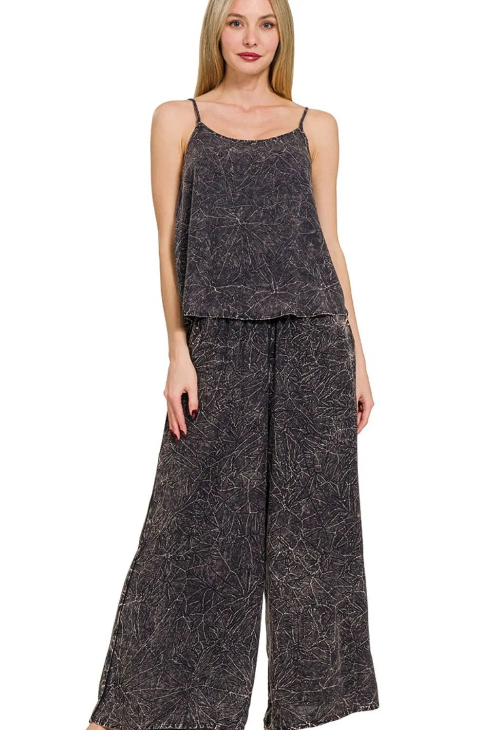 Women's acid washed camp 2-piece outfit with crinkle woven cami top and matching pants on model- front view - Valerie Collection Zenana set