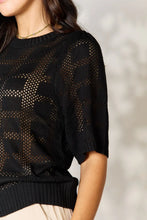 Load image into Gallery viewer, Women&#39;s ribbed knit half sleeve top with round neckline with sheer style. Features a see-through design with solid rectangular fabric detailing. Allows visibility of bralette. On model close up; side view - Valerie Collection Mandy top
