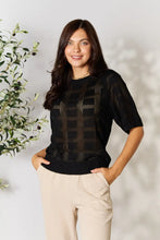 Load image into Gallery viewer, Women&#39;s ribbed knit half sleeve top with round neckline with sheer style. Features a see-through design with solid rectangular fabric detailing. Allows visibility of bralette. On model front view - Valerie Collection Mandy top
