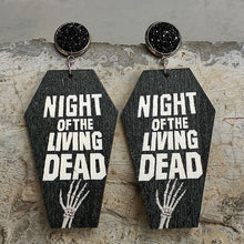 Load image into Gallery viewer, 2023 Halloween style. Halloween Earrings: coffin shaped with script &#39;Night of the living dead&#39;. Night of the Living Dead Movie themed earrings perfect for the Holiday Season and Spooky Vibes
