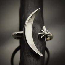 Load image into Gallery viewer, Take the drama of the night sky wherever you go when you wear this adjustable moon and star ring. A graceful ring is ultra-feminine and sleek. A comfortable design that&#39;s a true delight to wear! Sterling Silver ring for women. Sterling Silver Jewelry. The Valerie Collection - Lucky birds Boutique
