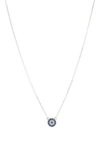 Load image into Gallery viewer, Evil eye CZ and sapphire necklace. The wearer will not only look cute but also ward off any bad luck, negativity, or ill-will. Made with CZ/SAPPHIRE stones. Evil eye necklace. jewelry to ward off evil. Boho jewelry. Boho necklace. Boho Jewelry. Women&#39;s Jewelry Evil Eye Necklace in Silver. The Gypsy Collection - Lucky Birds Boutique
