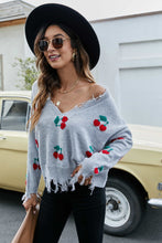 Load image into Gallery viewer, Cherry Pattern Frayed Trim V-Neck Sweater
