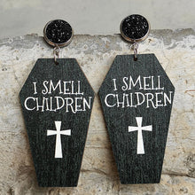 Load image into Gallery viewer, 2023 Halloween style. Halloween Earrings: coffin shaped with script &#39;I smell Children&#39;. Hocus Pocus themed earrings perfect for the Holiday Season and Spooky Vibes
