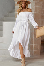 Load image into Gallery viewer, Decorative Button Ruffled High-Low Off-Shoulder Dress
