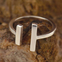 Load image into Gallery viewer, Parallel Bars Sterling Silver Ring. Modern jewelry and streamline design will make a beautiful addition to your ring collection. Wear this adjustable ring on whatever finger you see fit. Trending rings. Chic Jewelry styles. Sterling Silver Jewelry for women. The Lolita Collection- Lucky Birds Boutique
