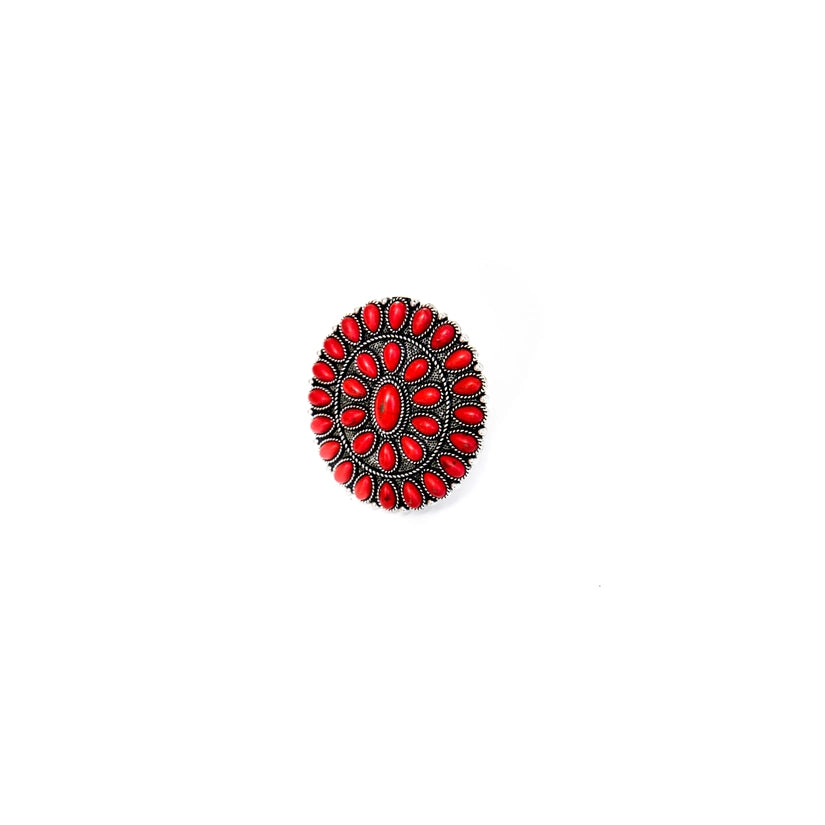 Adjustable red cluster ring. Spice up your accessories with this western style statement ring in chile red. This versatile ring fits most fingers. Western ring. Red Rings. Red Statement Rings. Women's Ring. Trending Jewelry. The Jolene Collection - Lucky Birds Boutique