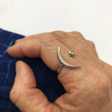 Load image into Gallery viewer, Adjustable moon and star ring on Model. A graceful ring is ultra-feminine and sleek. A comfortable design that&#39;s a true delight to wear! Sterling Silver ring for women. Sterling Silver Jewelry. Adjustable rings for women. The Valerie Collection - Lucky birds Boutique

