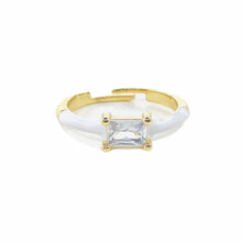 Load image into Gallery viewer, White candy ring- Front view, close up. Gold plated rings dipped in high-grade enamel. Rectangular cut CZ centered. Adjustable closure. Lucky Birds - The Valerie Collection. 

