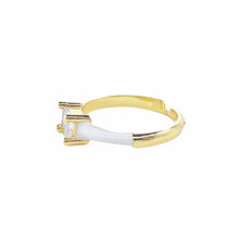 Load image into Gallery viewer, White candy ring- Side view, close up. Gold plated rings dipped in high-grade enamel. Rectangular cut CZ centered. Adjustable closure. Lucky Birds - The Valerie Collection. 
