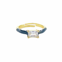 Load image into Gallery viewer, Black candy ring- Front view, close up. Gold plated rings dipped in high-grade enamel. Rectangular cut CZ centered. Adjustable closure. Lucky Birds - The Valerie Collection.
