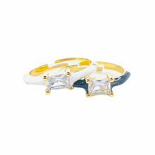Load image into Gallery viewer, Black ring and white ring. Gold plated rings dipped in high-grade enamel. Rectangular cut CZ centered. Adjustable closure. Lucky Birds - The Valerie Collection. 
