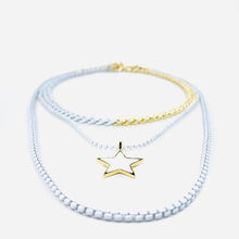Load image into Gallery viewer, Lucky Birds Boutique&#39;s Valerie Collection- High Quality enamel dipped necklace collection. Long white cable chain necklace, ball chain necklace with vintage star pendant, 18K gold plated curb chain necklace 1/2 dipped in white enamel.
