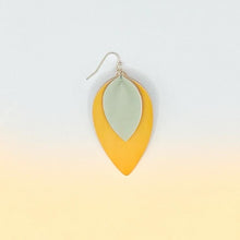 Load image into Gallery viewer, Yellow and grey supple vegan leather drop earrings. Earrings for women you enjoy simple texture and high quality accessories. 
