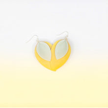 Load image into Gallery viewer, Gorgeous double layered, soft vegan leather earrings. Flower petal shaped earrings with vibrant yellow and light grey earrings for women who love designs influenced by nature. 
