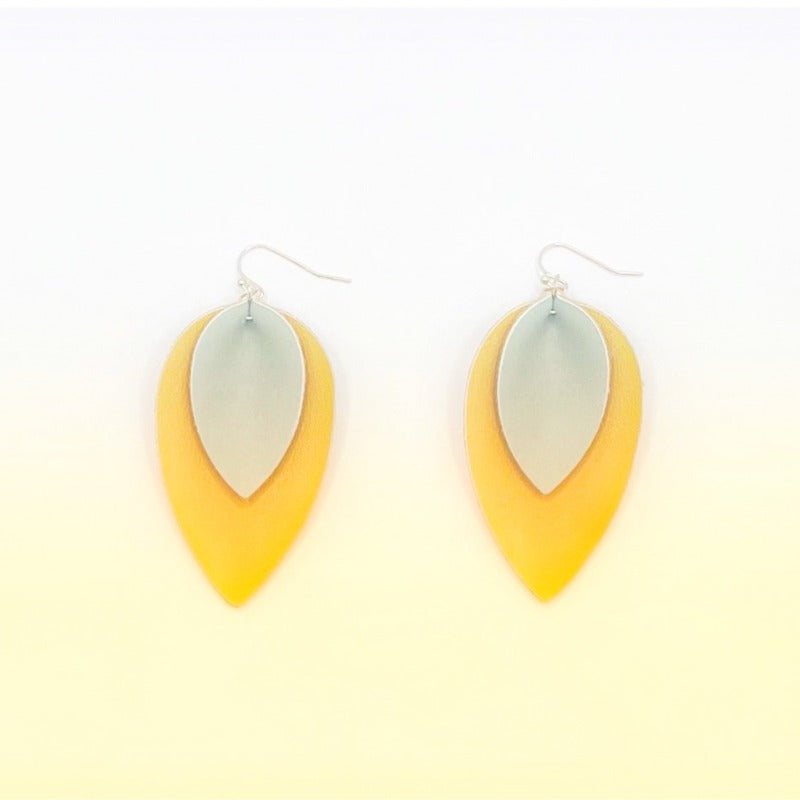 Nature inspired design. Flower petal drop earrings in two layers of yellow and grey. Made from luxurious soft vegan leather. Handpicked unique earring design. Women's earrings. 