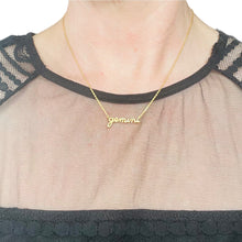 Load image into Gallery viewer, Zodiac necklace, Astrology necklace. Gemini handwritten script, 18K gold plated dainty necklace. Boho. Lucky Birds - The Gypsy Collection.
