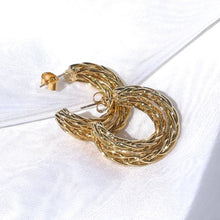 Load image into Gallery viewer, These 18K Gold Basket Weave Hoop Earrings are a great addition to your everyday wear. Gold jewelry. Gold hoop earrings for women. Unique hoop earring design. Quality and affordable jewelry. Jewelry for women. The Bae Collection - Lucky Birds Boutique.
