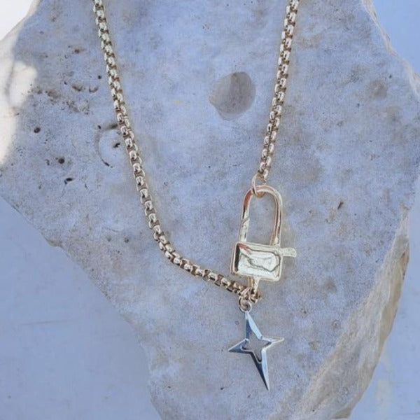 Mixed metal necklace. 18K gold plated chain and lock with silver star. Lucky Birds-Valerie Collection
