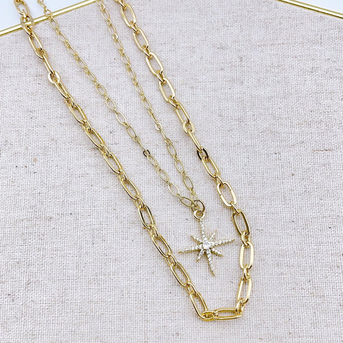 Double layer gold necklace. 18K gold plated chains with North Star pendant. Lucky Birds Jewelry and accessories. 
