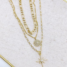 Load image into Gallery viewer, Triple chain necklace. 18K gold plated layered necklace. North star pendant and crystal flower pendant - Close Up. Lucky Birds necklaces for women. Lolita Collection. 
