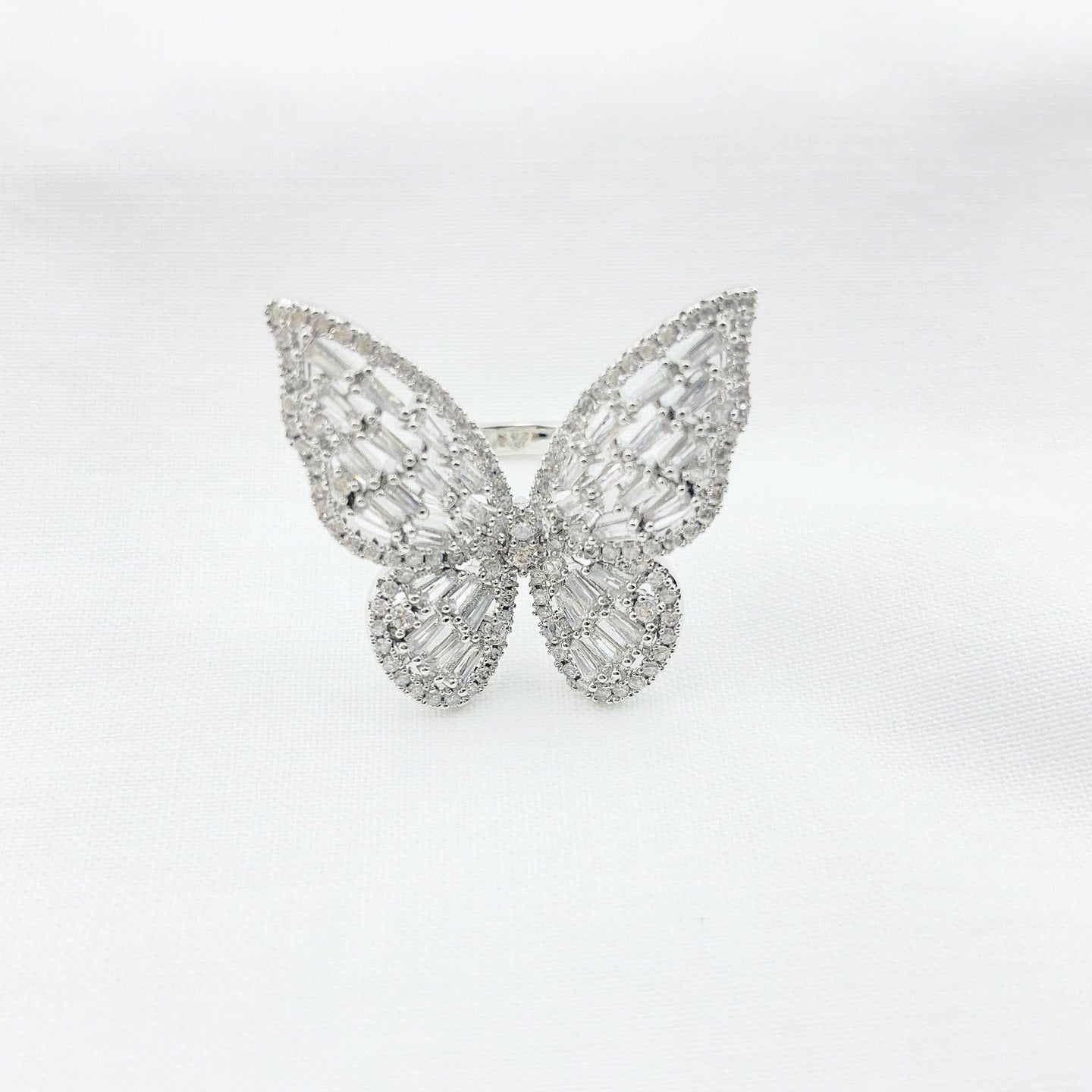Stunning Butterfly ring. Close up Silver Ring with extra sparkling crystals. Lucky Birds Boutique.  The Bae Collection. 