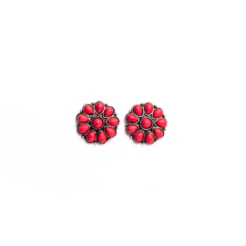 Burnished silver and red flower stud earrings. Spice up your look with these red chile color, western style earrings - Close up. Western style. Red earrings. Statement Earrings for women. The Jolene Collection - Lucky Birds Boutique 