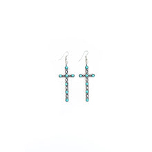 Load image into Gallery viewer, Silver Cross earring with turquoise accents. 3.25 inch drop earrings for women. Western jewelry.  Quality jewelry from The Jolene Collection - Lucky Birds Boutique. 
