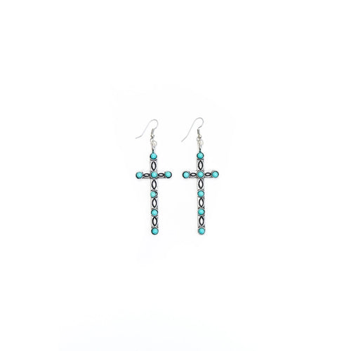 Silver Cross earring with turquoise accents. 3.25 inch drop earrings for women. Western jewelry.  Quality jewelry from The Jolene Collection - Lucky Birds Boutique. 