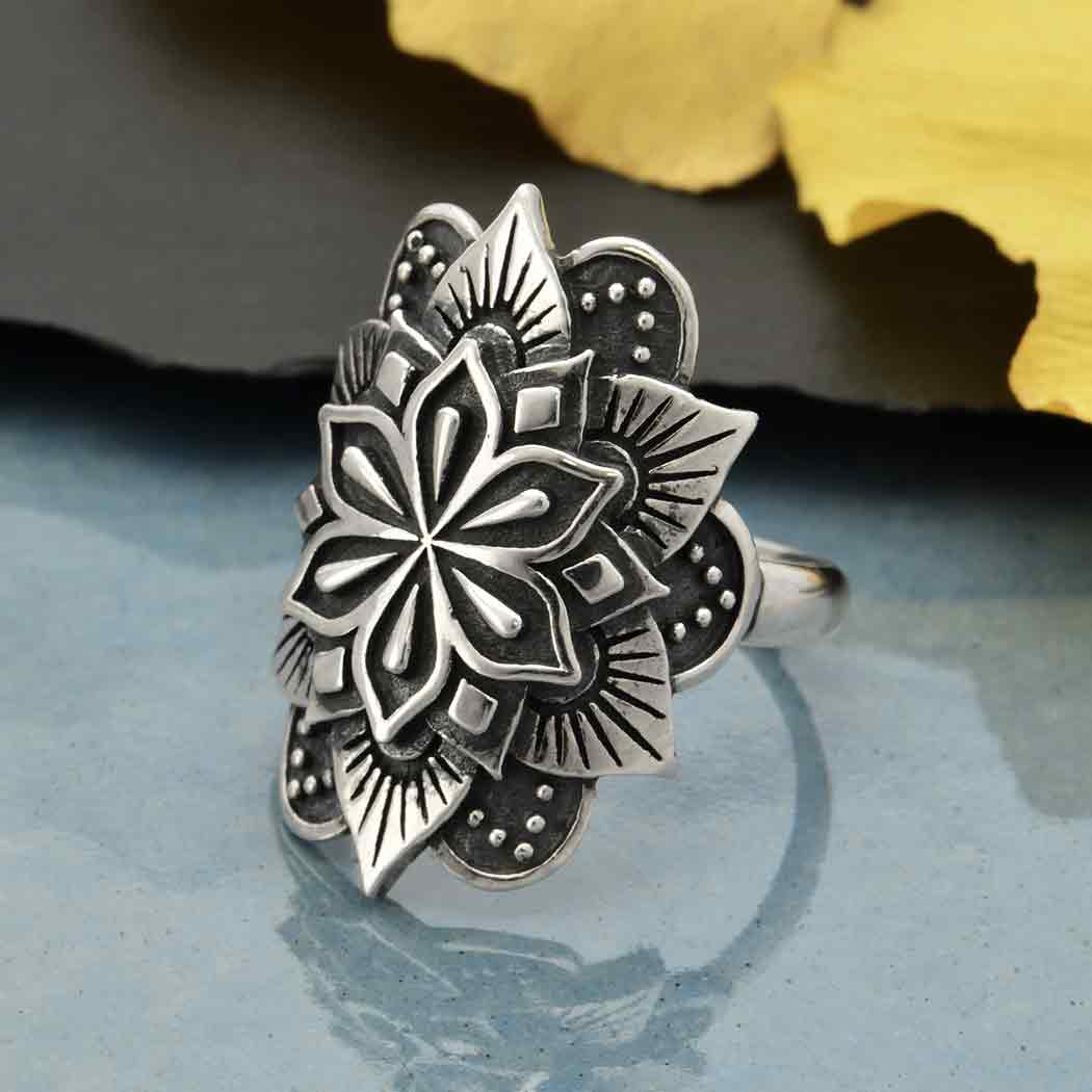 Stunning large mandala healing ring. Meditating upon mandalas is a healing process yielding a sense of peace and happiness as you journey through life. Spiritual Jewelry. Bohemian Ring. Mandala ring for women. Silver Mandala ring. BOHO Rings. Bohemian Jewelry. The Gypsy collection - Lucky Birds Boutique