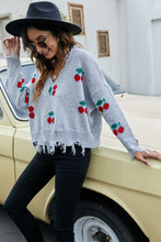 Load image into Gallery viewer, Cherry Pattern Frayed Trim V-Neck Sweater
