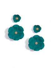 Load image into Gallery viewer, Hand-painted metal statement earrings in a 2-piece jacket style. These drop earrings feature 3D flowers with 18k gold-plated accents.  -Post Back  -2.5&quot; Drop  -1.5&quot; Width  -Nickel and Lead Compliant (Hypoallergenic)
