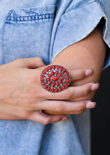 Load image into Gallery viewer, Adjustable red cluster ring on model. Spice up your accessories with this western style statement ring in chile red. This versatile ring fits most fingers. Western ring. Red Rings. Red Statement Rings. Women&#39;s Ring. Trending Jewelry. The Jolene Collection - Lucky Birds Boutique
