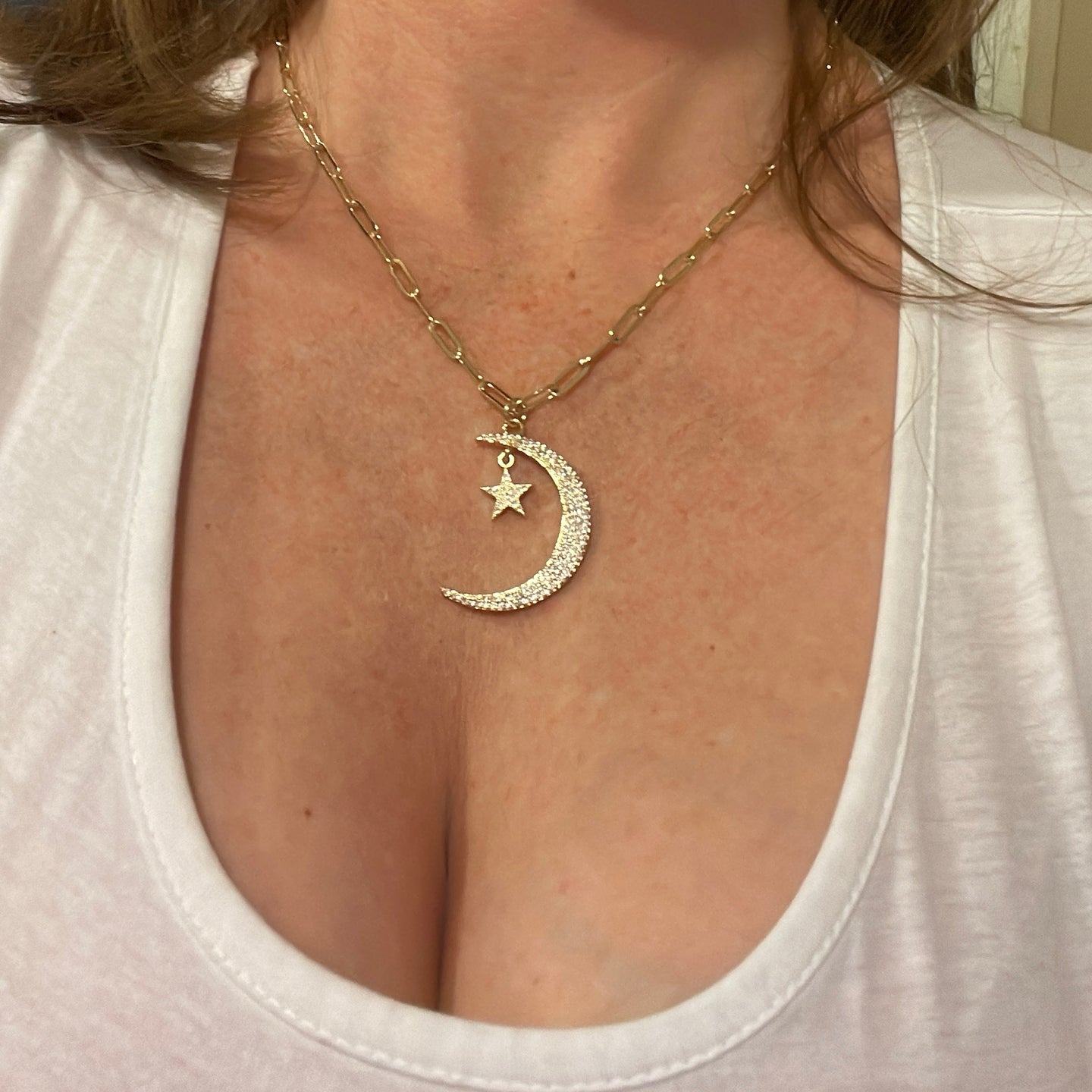 Crystal Cresent Moon and Star 18K Gold Plated Necklace